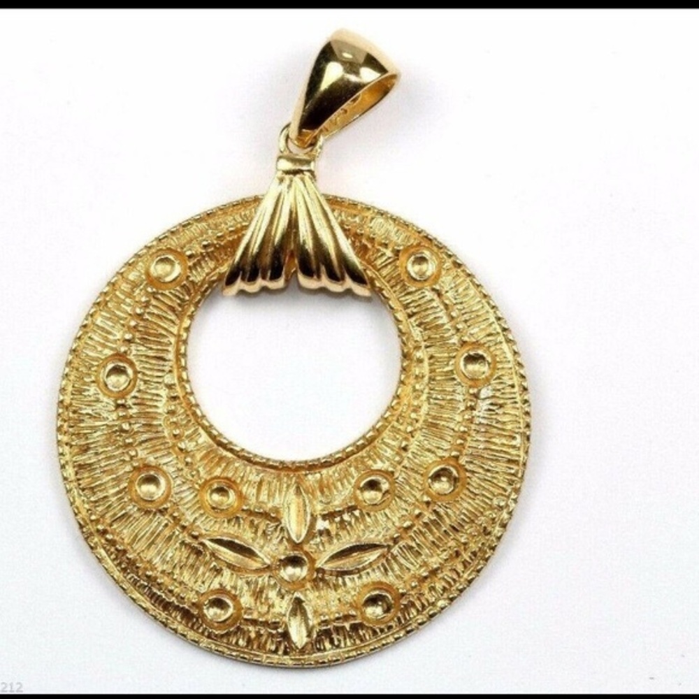 Vtg Round Ornate Textured Gold Tone Pendant 925 Sterling Gorgeous